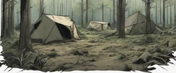 campsite, tents, overgrown, post-apocalyptic, comic book, forest, cinematic,