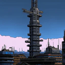cyberpunk retro futuristic for comics really tall from far away