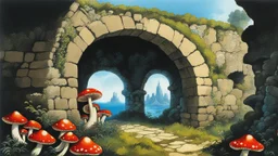 Mushrooms with octopus tentacles with a crumbling stone wall and an arch behind, Roger Dean style