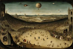 View of Elysium with dark female flying around over people running away in fear, Hieronymus Bosch