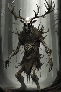 wendigo with deer skull covering head and face full body image