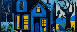 A blackish blue tricky witch's cottage painted by Stuart Davis