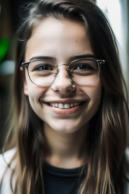 mujer con aparatos dentales, vellos faciales, piel muy grasa y lentes