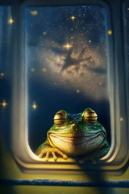 smiley frog with background star field seen in the window of a boat, 4 k, trending art, depth of field, high detail, high contrast