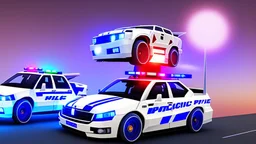 A police Tesla Cybertruck is chasing a Tesla 'Model S Plaid' at top speed, across the 'Jurassic Park' island. CINEMATIC. WIDE ANGLE LENS.