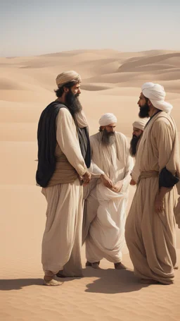 A picture of ten men, in the desert, in old Arab dress, with black hair and a thick beard, talking to each other.