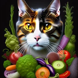 Cat head vegetables fish like Arcimboldo black background