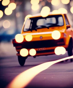 fiat 126p, city. high speed. bokeh. lens flare. warm lights. high detailed