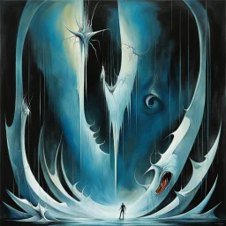 Eiskalte Wande kein Leben schlupft aus dir heraus, kein ungeborenes reift, expansive, sinister, dark vibrant colors, asymmetric horror surrealism, by Gerald Scarfe, by Wilfredo lam, sharp focus, smooth matte oil painting, meander art, by Jeremy Mann