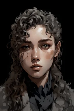 Portrait of a young female with long curly bangs covering her forehead. Include gray eyes, with a carmamelskin complexion. Draw the portrait in the style of Yoji Shinkawa.