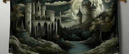 A black moon castle designed in medieval tapestry painted by Claude Monet