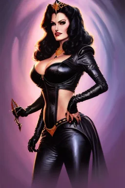 painting of lisa ann as evil queen in black leather, feminie, angry, stern look on her face, volouptous, busty, cleavage, emperious, mature, highly detailed, digital painting, artstation, concept art, smooth, sharp focus, illustration, art by gaston bussiere and alphonse mucha