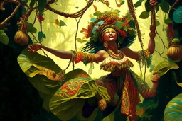 a lush jungle, a woman dressed in embroidered folk costume with a beaded bonnet on her head holding on to a vine with one hand while swinging across and reaching for the next vine with the other, dynamic movement, sunshine