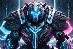 Cyber Machine volibear in 8k anime realistic drawing style, thunder, neon effect, close picture, snow, black wings, apocalypse, intricate details, highly detailed, high details, detailed portrait, masterpiece,ultra detailed, ultra quality