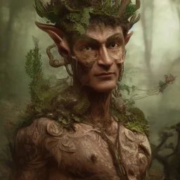 Insanely detailed photograph of An elaborate masculine forest elf man wooden skin with green eyes and wooden headpiece and tattoos, intricate, and hyperdetailed painting by Ismail Inceoglu Huang Guangjian and Dan Witz CGSociety ZBrush Central fantasy art album cover art 4K 64 megapixels 8K resolution HDR, shiny, space, colours plants and forest