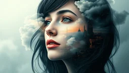 A portrait of a woman formed by a surreal, dreamlike mental landscape reminiscent of double exposure photographs, with layered, swirling clouds and neurological pathways evoking the futuristic, dystopian cityscapes of Cyberpunk 2099 and Blade Runner 2049. Inspired by Vincent Callebaut’s innovative, eco-friendly designs and the complex, mathematically driven patterns of the Fibonacci sequence, seamlessly blending into a dark, misty atmosphere. Igor Morskoy’s signature blend of organic and synthet