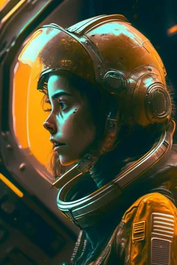 0The player is wearing an astronaut helmet, in the style of cyberpunk dystopia, 32k uhd, womancore, bronze and amber, dreamlike settings, gorecore, ivan albright –ar 107:53 –