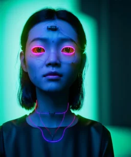 Ultra realistic photographic night portrait, cinematic, <Asian woman> many wires coming out of the head <perfect pupil><glow eye> <cyborg arm> <garage> <wide angle Shot> <retro futuristic> <thriller>, neon lights, color fog, soft color, highly detailed, unreal engine 5, ray tracing, RTX, lumen lighting, ultra detail, volumetric lighting, high definition.