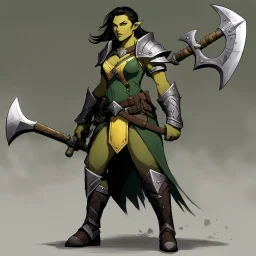 Vex'na is about six feet tall, with shoulders broad enough to suggest she could wield that axe with ease. Her teeth are yellow, her skin bears the mottled green-brown pattern typical of her heritage, but the way she carries herself marks her as someone who has survived to more dangers than most half-orcs manage at ther age in this unforgiving world. There are scars across her arms and neck, white against the darker skin, each one telling a story of battles survived. Her eyes, when you catch them