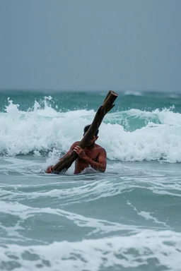 Rain and storm in an ocean with high waves , a man is trying to survive by holding a peace of wood