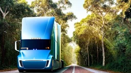 A Tesla semi-truck is parked, in a jungle of the Jurassic Period. CINEMATIC. WIDE ANGLE LENS. PHOTO REAL.