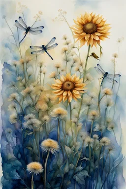 Dandelions, Water Hemlock, wild flowers and dragonflies stunning watercolor art by susan Winget, painted, in gold, blue and white tones with a sunflower --v 7 In style of Marjolien Bastin.