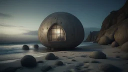 LARGE MINIMALIST SPHERICAL BUILDING ON ROCKY BEACH, Surprised, Uzbek, Concrete, Firefly lights, Tonalism