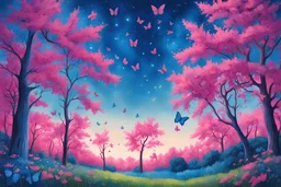 cielo stellato azzurro luminoso e chiaro con farfalle azzurre gialle e raggio luminoso verticale in paesaggio alberi rosa