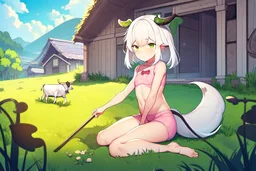 Farm, green grass, house, girl,white hair , sit on grass, cow's tail, cow's horne , cow's under, pink stomach, sweats, small breasts