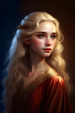 Maegelle Targaryen, aged 16, epitomizes Targaryen allure with her golden locks and sapphire eyes. Despite her royal lineage, her demeanor exudes youthful innocence and curiosity. She boasts a slender frame adorned with delicate features, framed by cascading golden hair. Her sapphire-blue eyes reflect wisdom beyond her years, contrasting with her porcelain skin and high cheekbones.