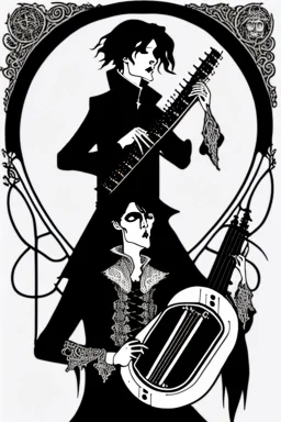 goth male necromancer with black hair playing a hurdy-gurdy in the style of Aubrey Beardsley