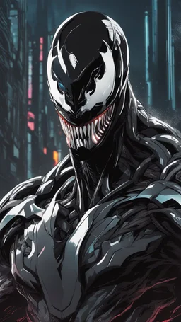 Venom mix with machine in solo leveling shadow artstyle, cyberpunk them, intricate details, highly detailed, high details, detailed portrait, masterpiece,ultra detailed,best quality