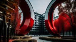 Modern architecture with a cylindrical building featuring circular windows of various sizes, surrounded by red foliage with a clear view of the moon and other buildings in the background.