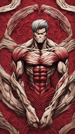 Create a captivating pattern inspired by the anime first Titan in Attack on Titan. The design should embody the essence of the inaugural Titan, capturing its colossal power and fearsome presence. Consider the intricate details of its transformation, incorporating the emotional undertones and brutal strength that define the Titan. Whether through stark lines or flowing curves red colors