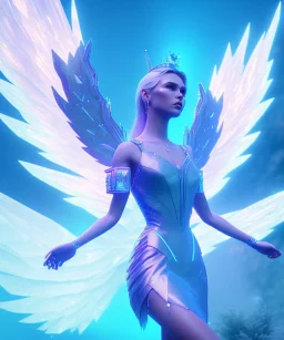 A crystalised queen, atmospheric, realistic, unreal engine, cinematic lighting, octane render. blue, pink, transparency, light, shine,bright, full body, transparent wings, blonde, long hair