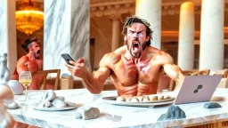 angry guy on phone at topless table next to marble tabletop