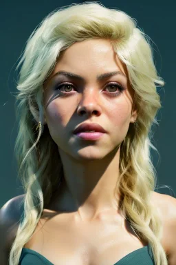 Shakira, artist, 30 years old, Realistic image, waist up portrait, blonde, loose long hair, eyes make up, perfect, glow, circle iris. concept art, smooth, unreal engine 5, god lights, ray tracing, RTX, lumen lighting, ultra detail, volumetric lighting, 3d, finely drawn, high definition, 4k.