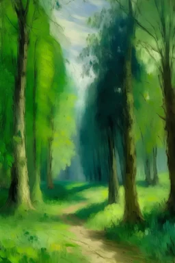 a forest with a lot of trees in Claude Monet's painting style