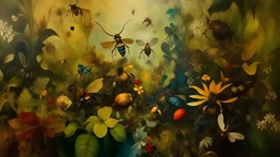 Oil painting, A surreal oil painting with vibrant colors and intricate brush strokes depicting a swarm of insects dancing among dream-like landscapes of oversized leaves and flowers, vintage sepia, film effect, creative, extremely detailed brush stroke