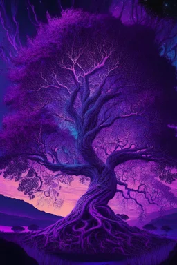 majestic tree, psychedelic, violet tones, fantasy landscape