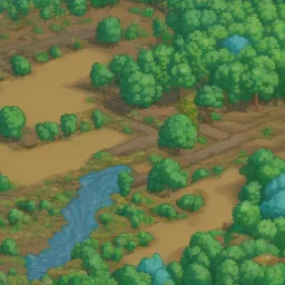 dirt road in the middle of a forest and round same size trees topdown view of a pixel art game