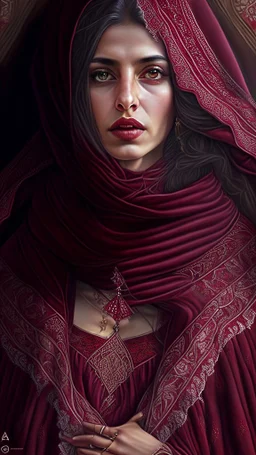 Hyper Detailed Gorgeous Turkish folklore woman, Wearing a maroon Bardot Dress & shawl