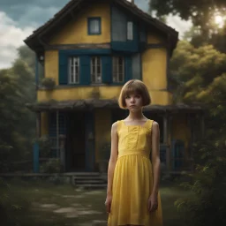 thin 12 year old girl with very short hair, blue eyes, wearing a pretty yellow summer dress, outside a small house , photorealistic, dark fantasy