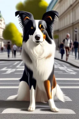 One single mature border collie, playing guitar in the street , Vienna, friendly, sunny day, model style, hyper realistic, extremely accurate, delicate, extremely detailed, Graphic novel style, wide-angle, open aperture, superfine pencil