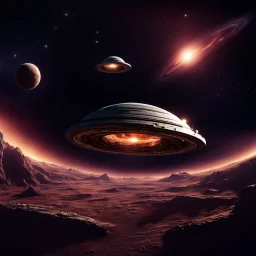 Planet Mongos in a another galaxy, view from the space, a small spaceship saucer arrive to the planet