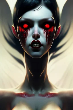 Dracula girl, white eyes, red lips, black hair, vampire tooth with bangs, goth, close up portrait by Greg Rutkowski