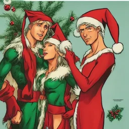 two elves. woman and man. Christmas scene. poster. marvel comic. low-key