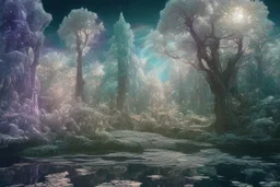 white and gold crystal cosmic and galactic ambiance sky trees river surreal, full of details, smooth, bright sunshine，soft light atmosphere, light effect，vaporwave colorful, concept art, smooth, extremely sharp detail, finely tuned detail, ultra high definition, 8 k, unreal engine 5, ultra sharp focus