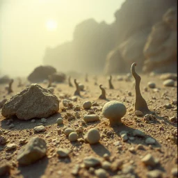 A striking quality close-up Kodak photograph captures a wasteland with odd stones, odd spindle-shaped objects, spooky, creepy, details of the dust very accentuated, glossy, organic, adorned with minerals and rocks, fog. Bathed in feeble light, eerie, Max Ernst style, sun, fog, volumetric light