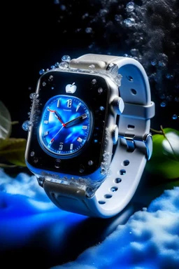 Create a scene where the iced-out Apple Watch is encased in a frozen tableau, surrounded by icy elements like frosty leaves or snowflakes, emphasizing its cool and captivating presence.